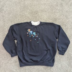 Vintage Top Stitch Morning Sun Navy Sweatshirt Owls Bird Embroidered Size Large